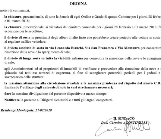 Scuole chiuse fino a giovedi’ 1 Marzo 2018